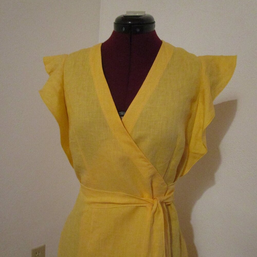 Yellow Linen Wrap Dress w/ Butterfly Sleeves - Custom-Made